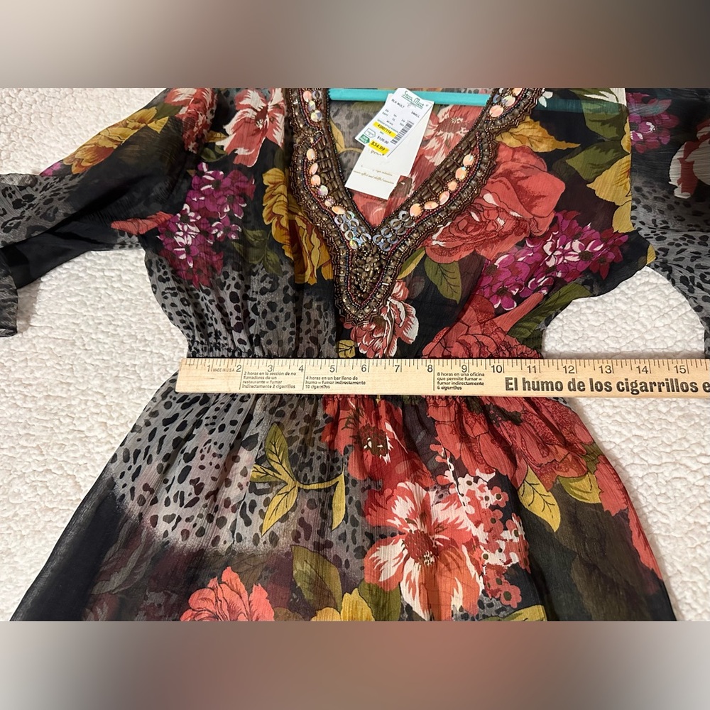 Vintage Solitaire Beaded Floral Sheer Blouse Top Animal Print Butterfly Sleeves - Picture 5 of 12